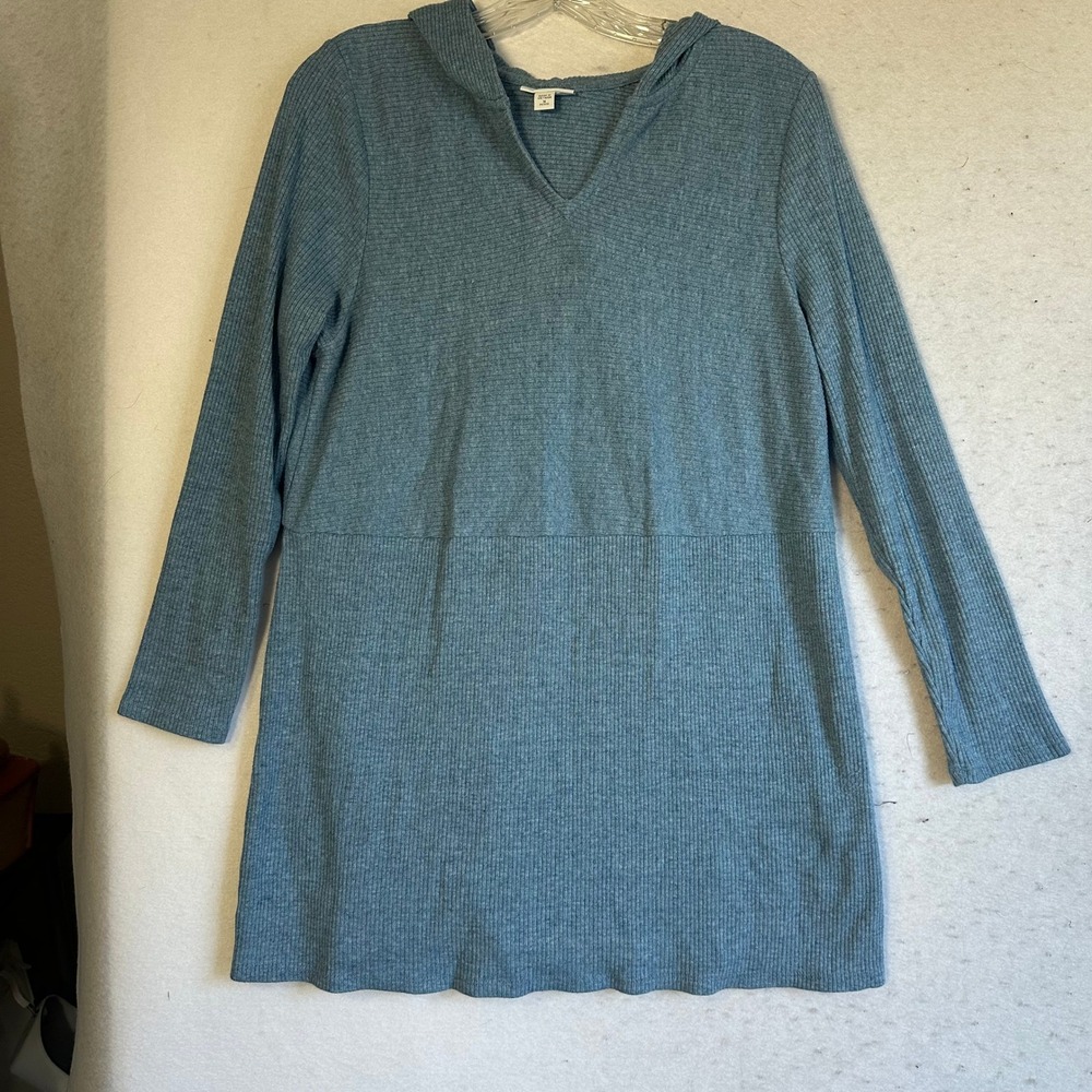 J. Jill Ribbed Hooded Tunic Top Blue Gray Long Sleeve V-Neck Petite Medium